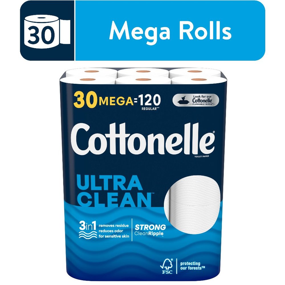 Cottonelle Ultra Clean Toilet Paper, 30 Mega Rolls, 312 Sheets per Roll (9,360 T